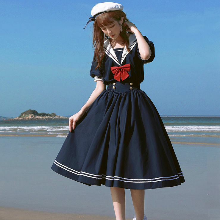 Платье в Корейском стиле JK, универсальная свободная Облегающая темно-синяя юбка трапециевидной формы с воротником для студентов, для лета