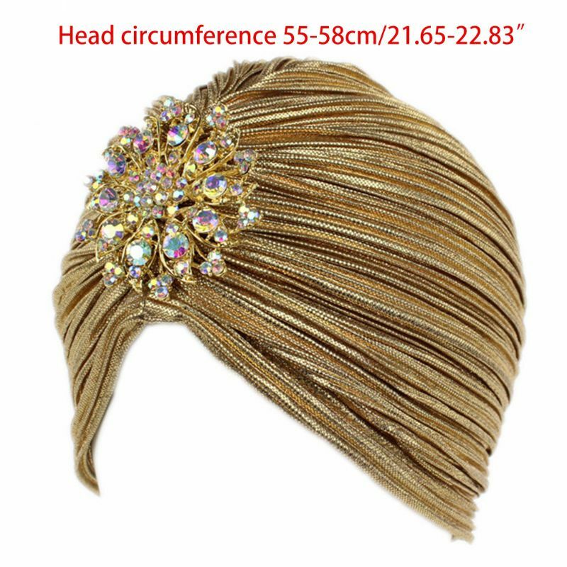 قبعة عمامة هندية للسيدات لفافة الرأس ذات ثنيات ناعمة مخملية للشعر غطاء رأس مع مجوهرات بروش