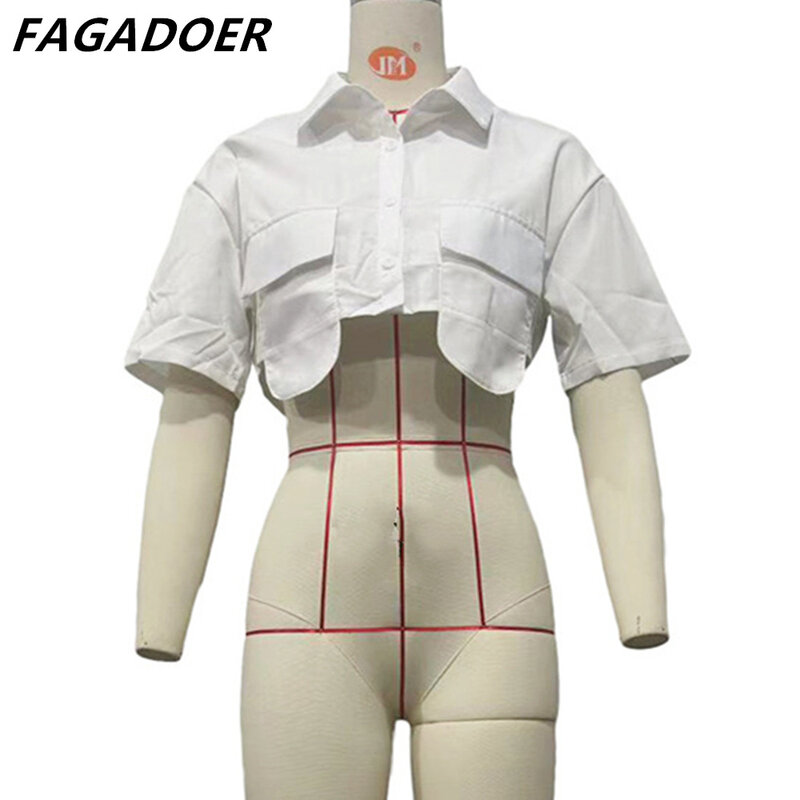 FAGADOER White Summer New Solid Color Pocket Loose Shirts Women Turndown Collar Button Long Sleeve Irregular Crop Top Clothing
