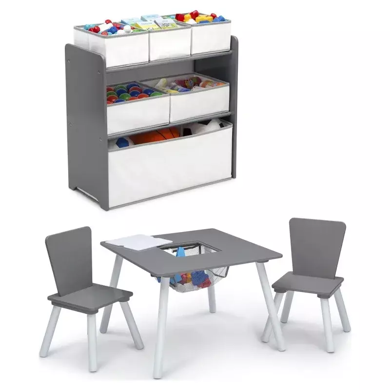 Conjunto de mesa e cadeira infantil, sala de jogos infantil, cinza, branco, rosa, 4 pcs