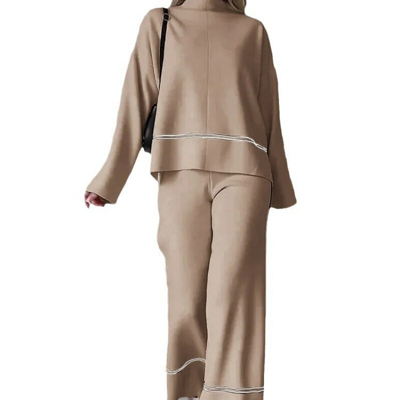 Комплект из двух предметов, Женский Топ с длинным рукавом и круглым вырезом, комбинированный пуловер, однотонные зимние брюки с широкими штанинами и эластичным поясом
