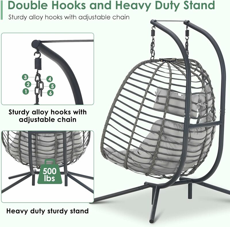 2 Person Hanging Egg Chair with Stand for Outdoor, Patio Hand Made Rattan Wicker Double Egg Swing Chairs Hammock Chair