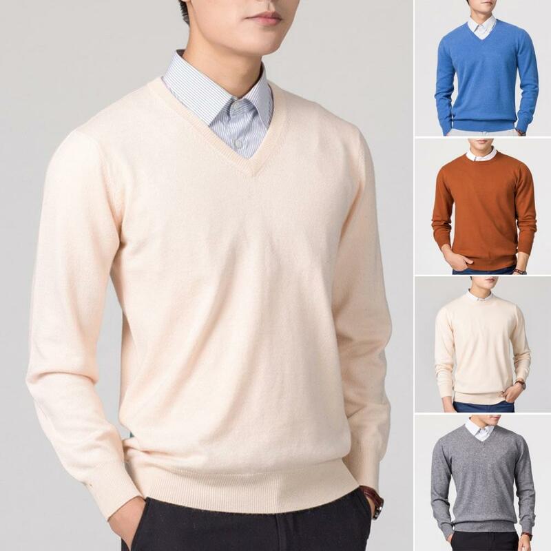 Suéter ajustado de punto para hombre, Tops con cuello en V, Color sólido, prendas de punto gruesas, Otoño e Invierno