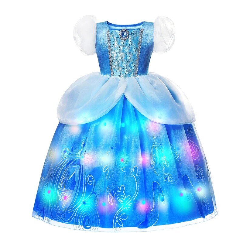 Vestido de princesa Disney com luz LED para meninas, fantasia de Halloween, Cosplay Cinderela, vestido de festa de Halloween