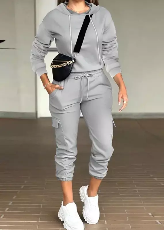 Two Piece Sets for Women Elegant Fashion Solid Round Neck Short Sleeve Top Multi Pocket Work Jogging Pants Suit 2024 Autumn New
