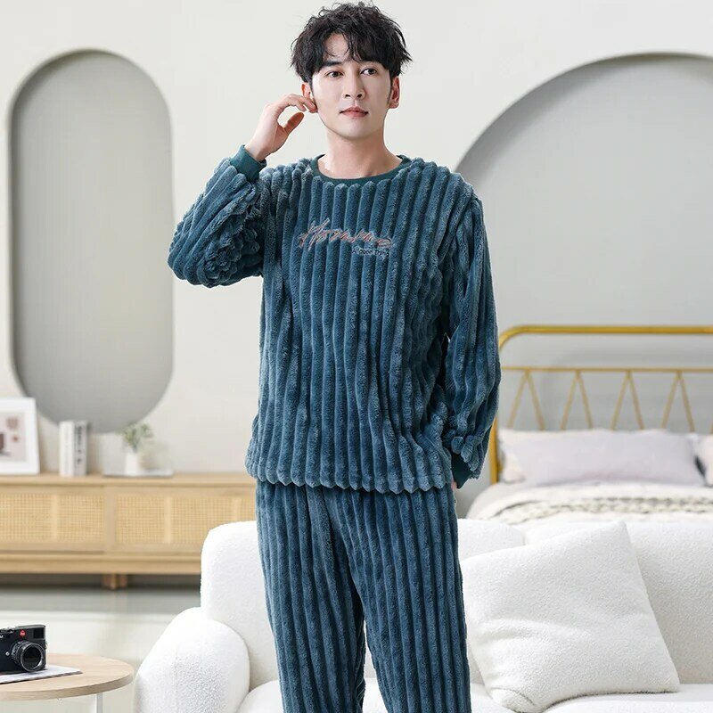 Men's Pajamas Warm Flannel Autumn Winter Pyjamas Male Homme Pijama Sleepwear Long-Sleeve Thick Coral Velvet Lounge Sleep Set 3XL