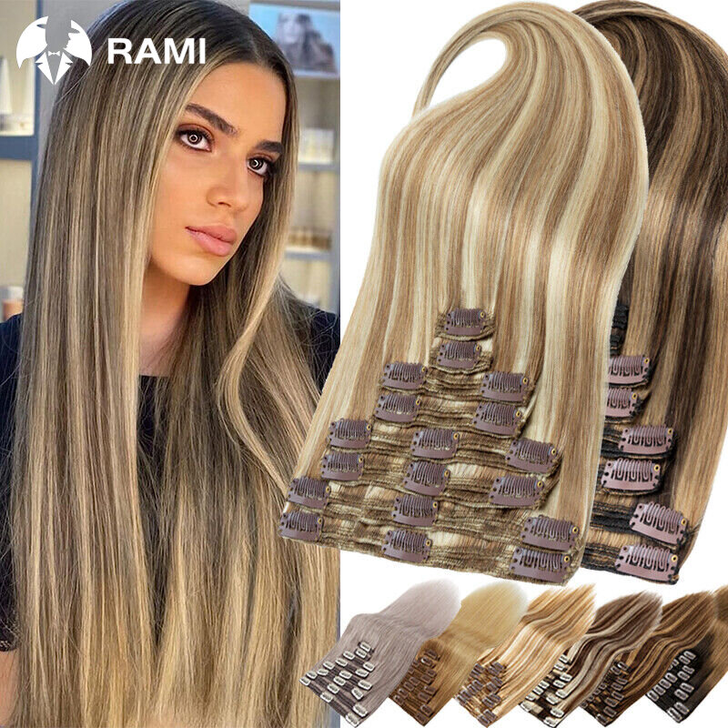 Extensions de cheveux humains Remy avec clips pour femme, trame de cheveux, postiches 100% naturelles, 12 en effet-26, 7 pièces