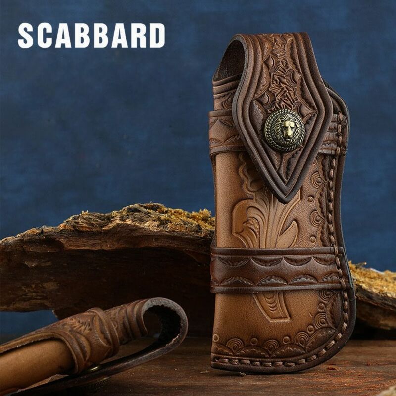 Brown Fold Knife Scabbard Tool Flashlight Belt Loop Case Holder Leather Sheath Pocket Hunt Camp Outdoor Carry Equipment