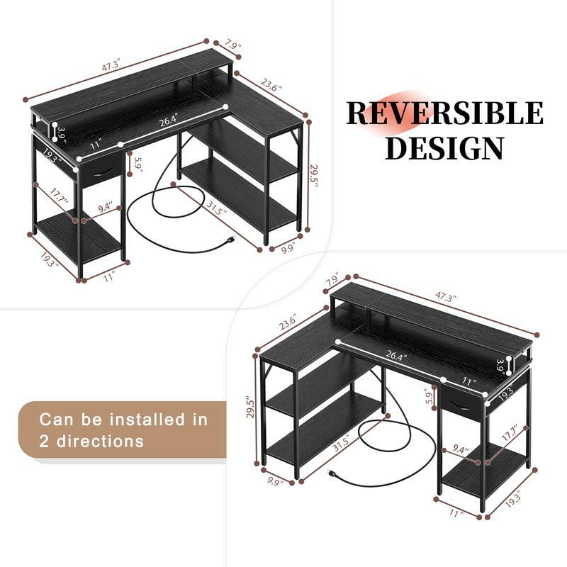 RJARE L Shaped Gaming Desk with LED Liger Outlets, Reversible Computer Desk with Shelves  Drawer, Corner Desk Home Office Desk