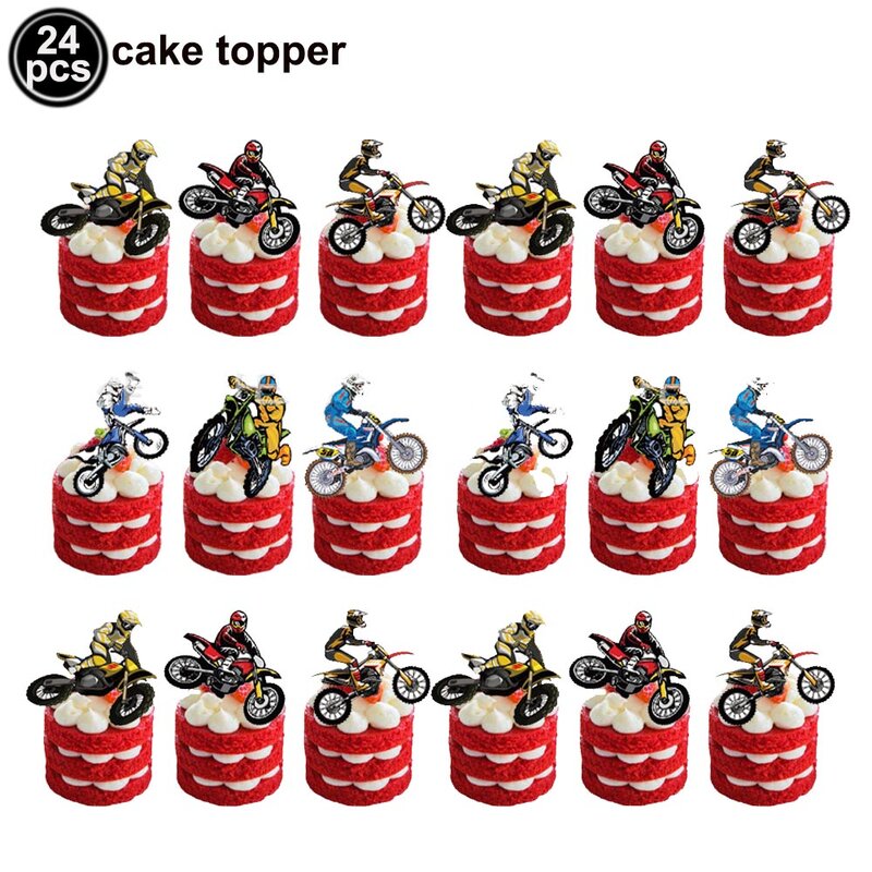 Motorcycle Cake Cupcake Toppers Racing Party Latex Balloons Happy Birthday Banner Motocross Themed Men Boy Party Decorations