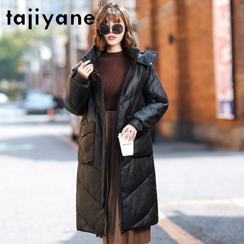 Tajiyane-معطف طويل من جلد الغنم الأصلي للنساء ، جاكيت من الجلد الحقيقي ، باركا غير رسمية بغطاء رأس ، معطف لفصل الشتاء ،