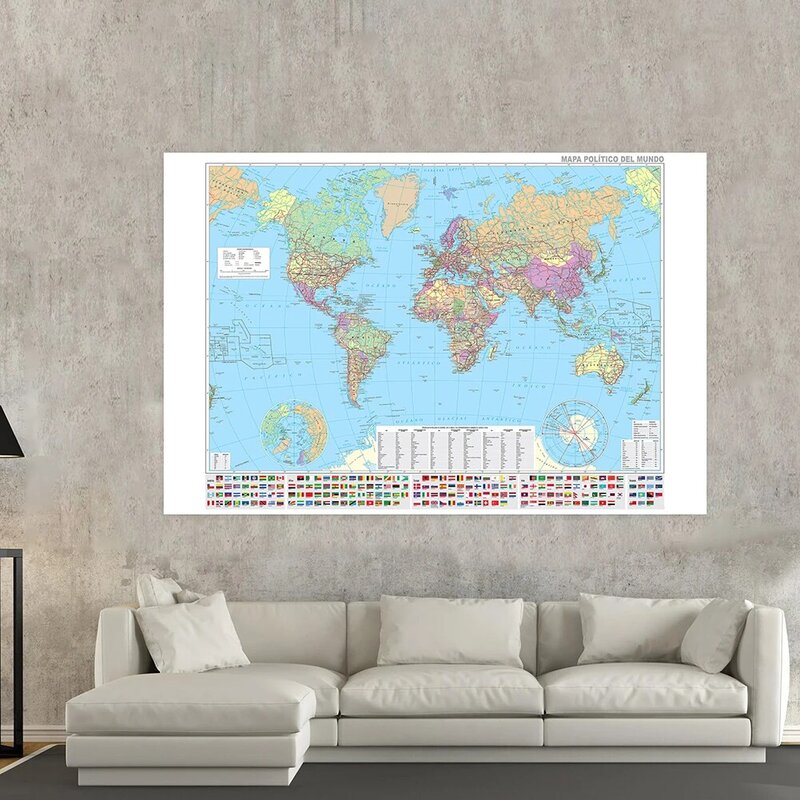 Mapa política del mundo en español con banderas de países, lienzo no tejido, pintura, póster, decoración del hogar, suministros escolares, 225x150cm
