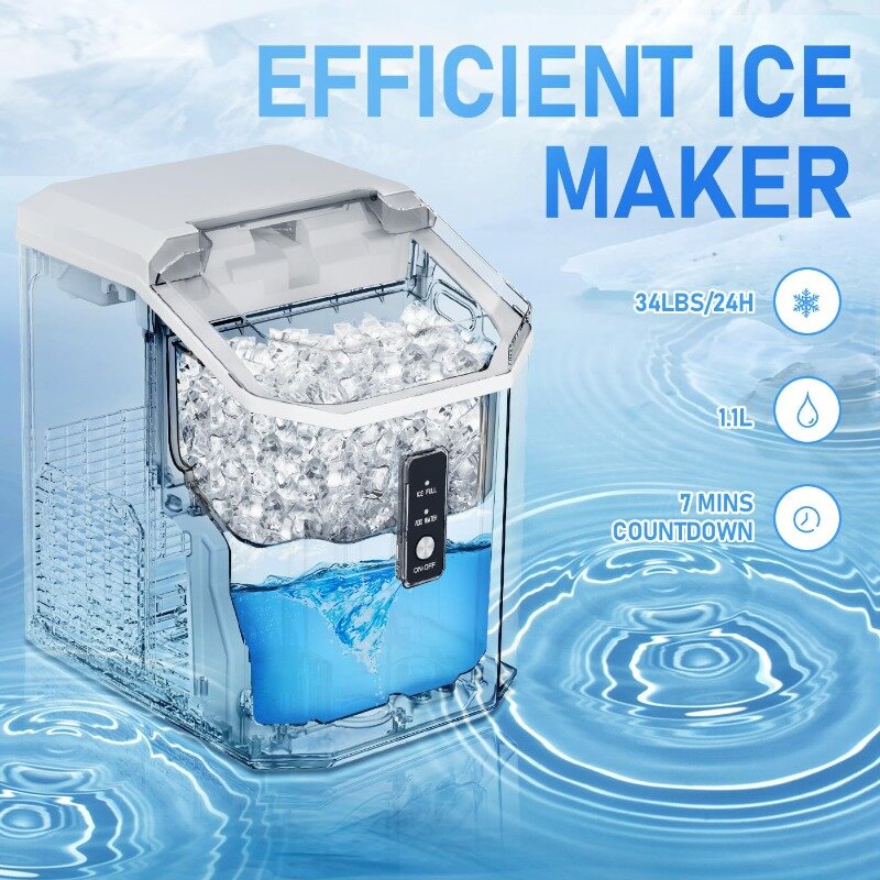 Nugget-máquina de hielo masticable triturada, máquina de hielo de autolimpieza con un clic, 34Lbs/24H