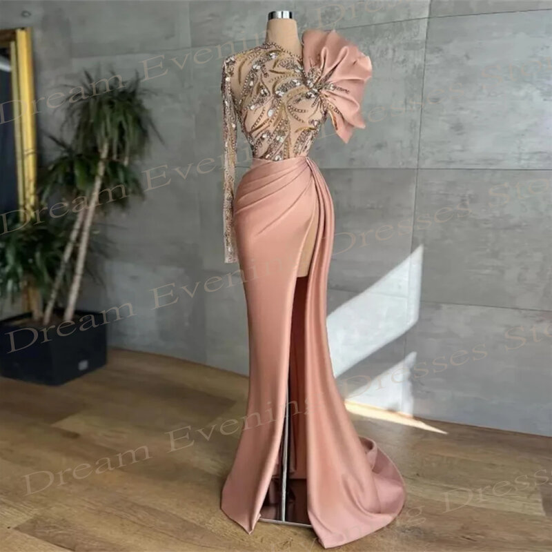 Graceful Pink Mermaid Stain Evening Dresses Charming One Shoulder Lace Appliques Prom Gowns Side Split Beaded Vestidos De Festa