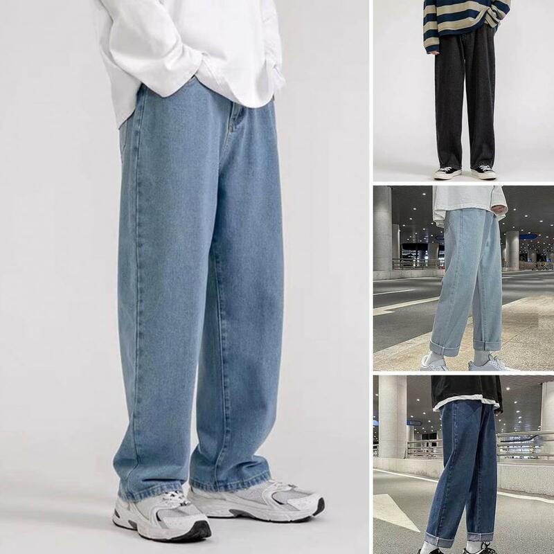Pantalones vaqueros de pierna ancha para hombre, ropa de calle Retro suave, suelta, longitud completa, bolsillos de Color sólido, cierre de cremallera con botón