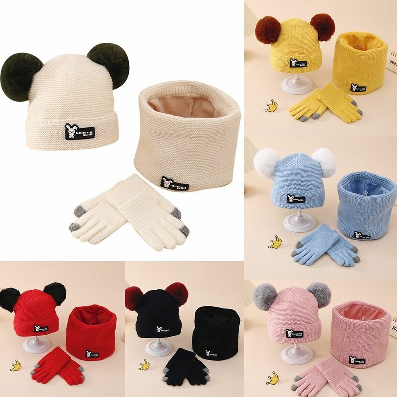Cappelli lavorati a maglia sciarpa guanti Set termico peluche calore esterno bambini Set doppia palla inverno caldo Beanie Snow Kit regali per bambini