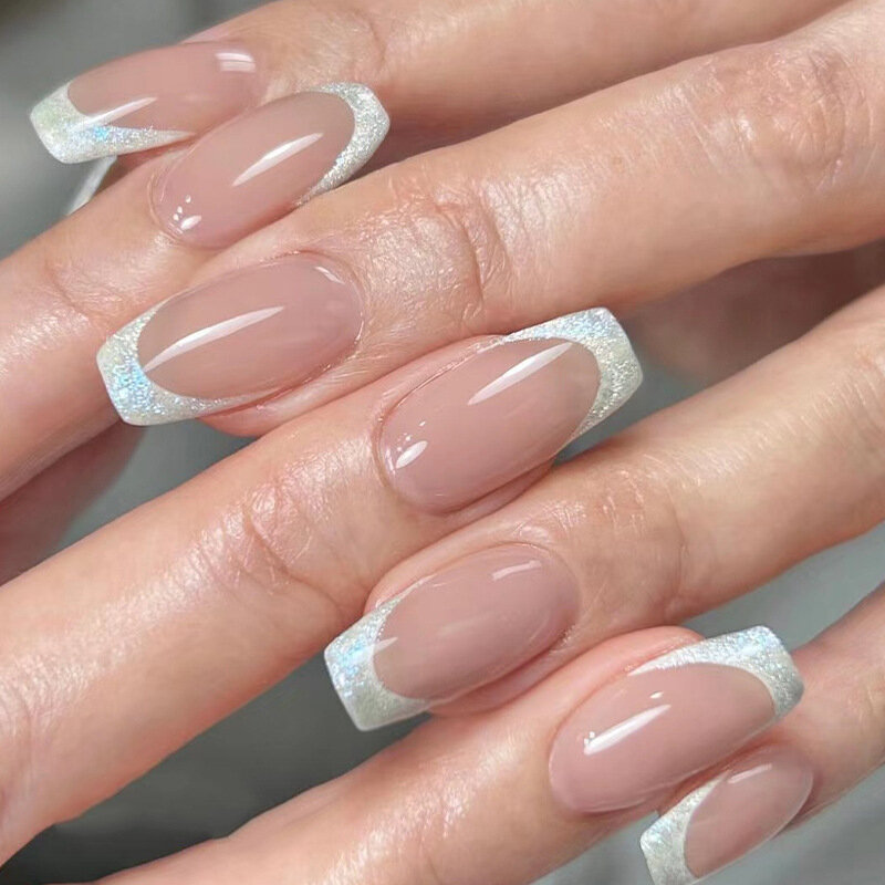 Gradient French Fake Nails for Women y2k Handmade Tips Almond Fake Nails with Glue White Edge Design Press on Nails Short