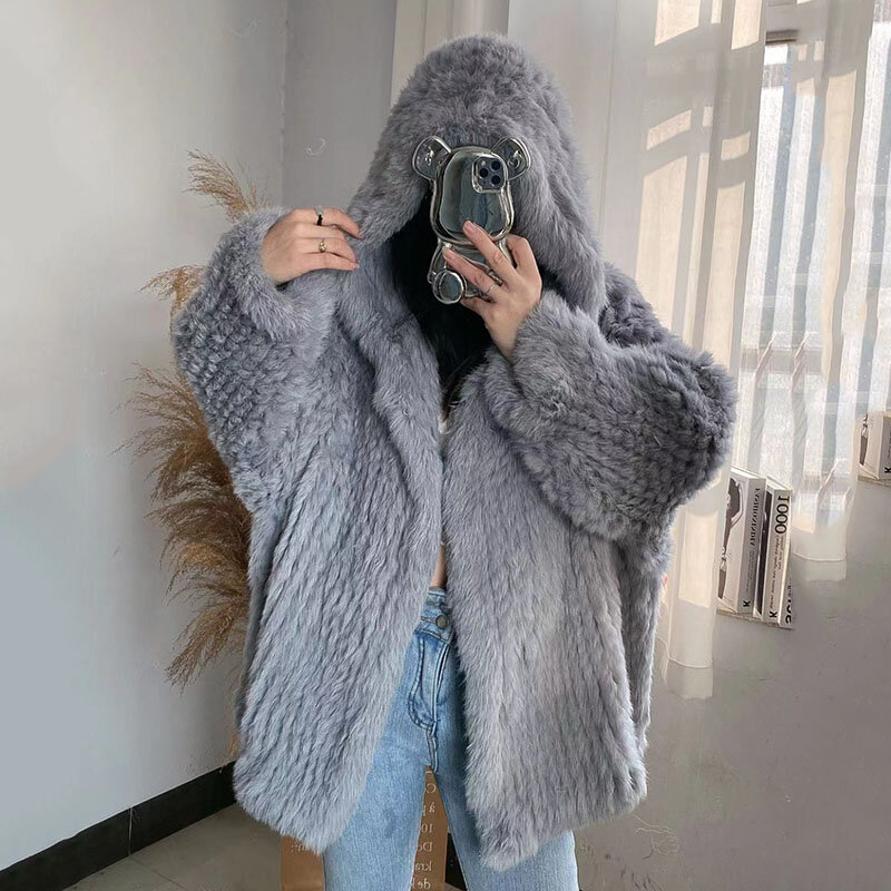 Women Hooded Loose Knitted Real Rabbit Fur coat Oversize Female Fashion Genuine Fur Jacket Ladies Spring Outwear With Hood