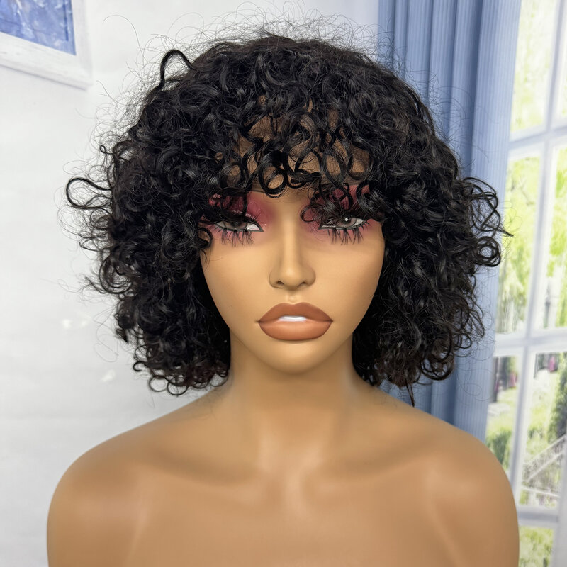 4/350 Colored  Water Wave Human Hair Wigs with Bangs for Black Women Full Machine Made Brazilian Hair 200% Density Bob Curly Wig
