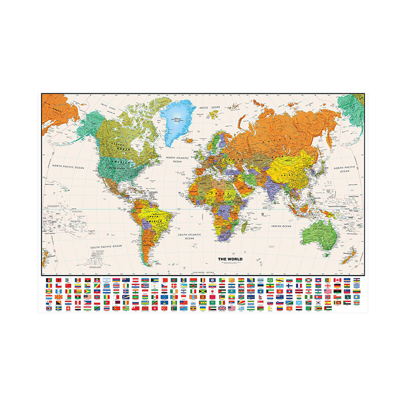 120*80cm Vinly Map of The World with Country Flags World Globe Map Personalized Atlas Poster School Supplies Home Decoration