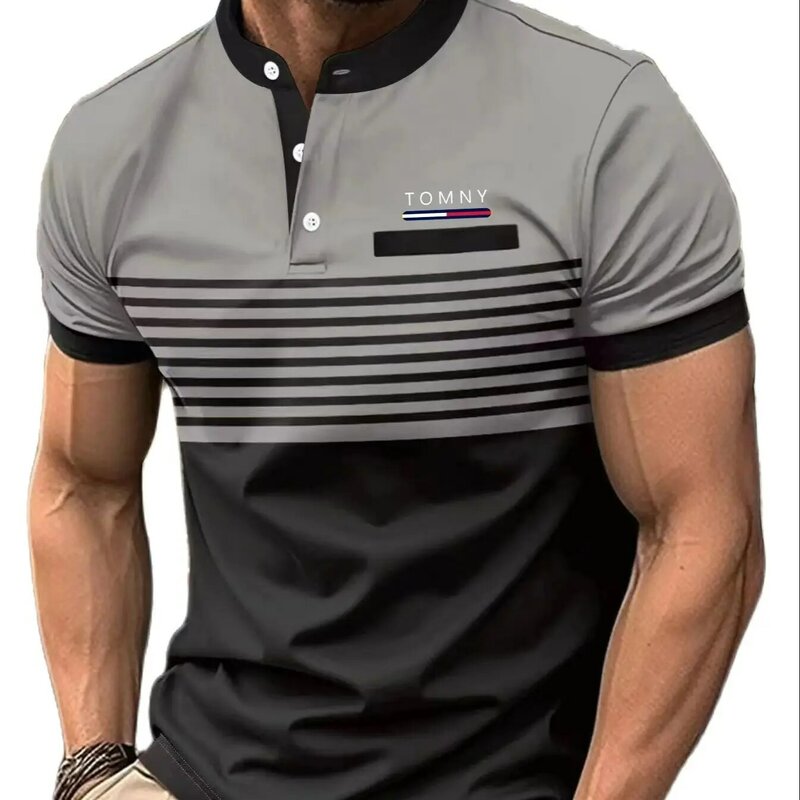 Camisa polo listrada europeia e americana masculina, camisa de negócios de manga curta, camiseta grande, golfe, venda quente