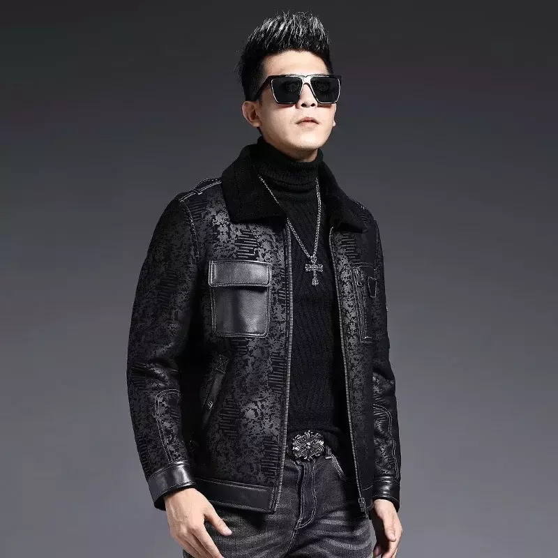 Jaqueta de couro real de ovelha masculina, casaco composto curto de pele, jaquetas integradas de motocicleta, inverno