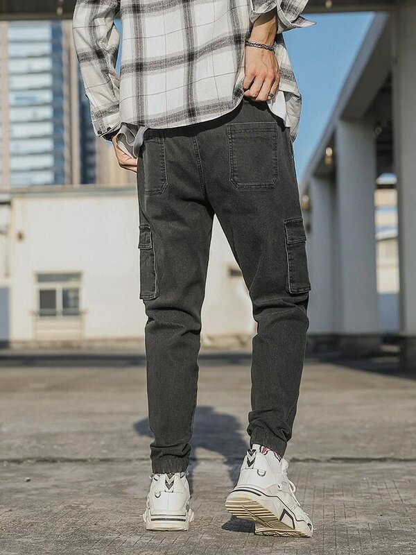 Мужские джинсы карго с несколькими карманами на весну и осень, черные, синие джинсовые штаны для бега, мужские свободные джинсы, брюки размера плюс 6XL 7XL 8XL