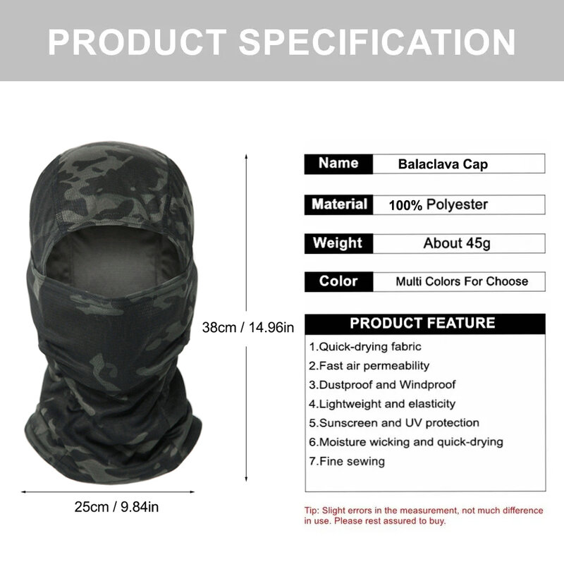 Camuflagem tática Balaclava, máscara facial completa, boné interno do capacete, chapéu de ciclismo, esportes ao ar livre, caça, caminhadas, esqui, motocicleta