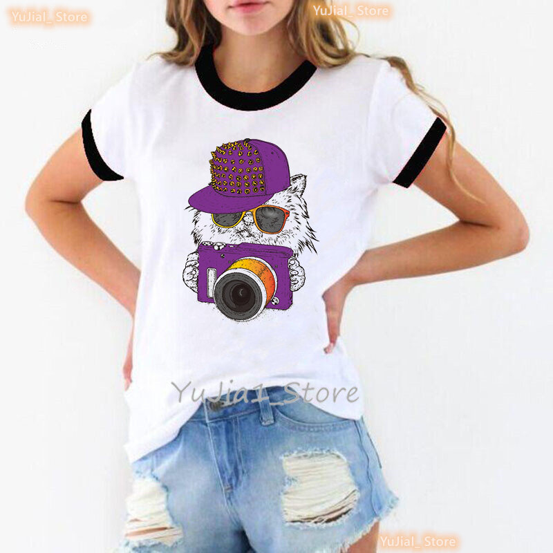 Крутая футболка с принтом кошки любви камеры, женская одежда, летние модные топы, футболка, женская футболка в стиле Харадзюку, забавная женская футболка