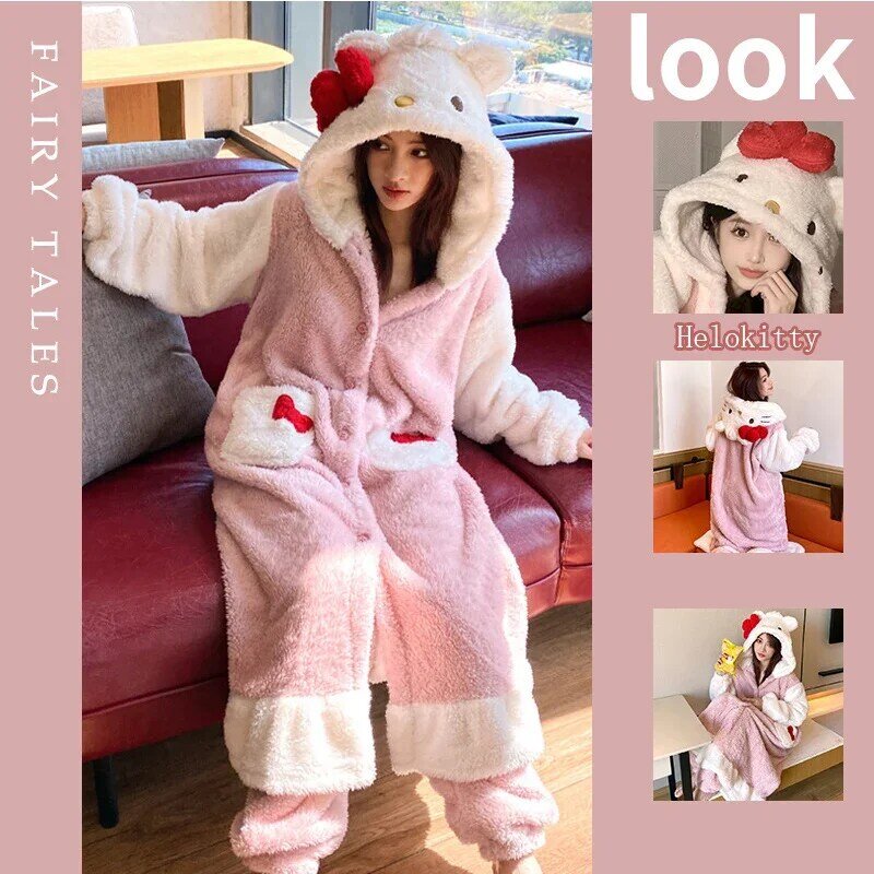 Sanrio-Camisón de Hello Kitty para mujer, bata de lana de Coral, ropa de casa de dibujos animados, pijamas de franela cálidos