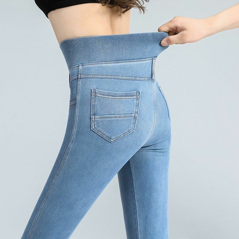 Jeans Skinny Ukuran Besar Wanita Mode Korea Celana Panjang Kasual Ala Jalanan Musim Semi Musim Gugur Celana Pensil Pinggang Tinggi Elastis Saku Denim