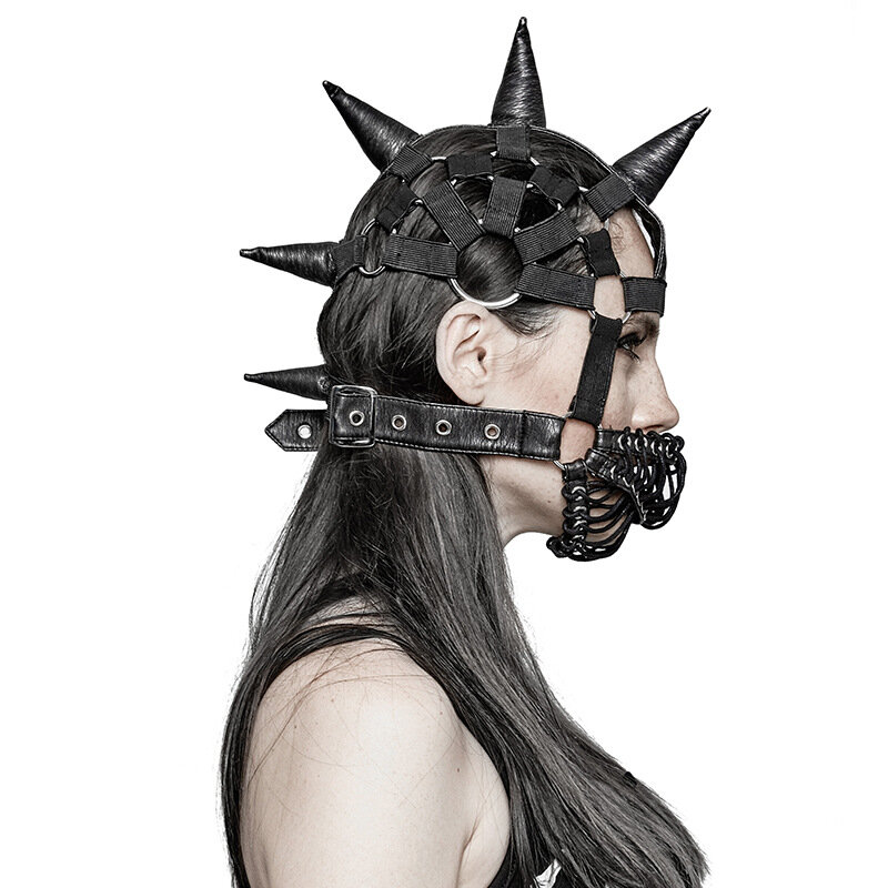 女性用合成皮革マスク,ゴシックアニメーションデザインの凝視マスク,ヘッドギアの装飾