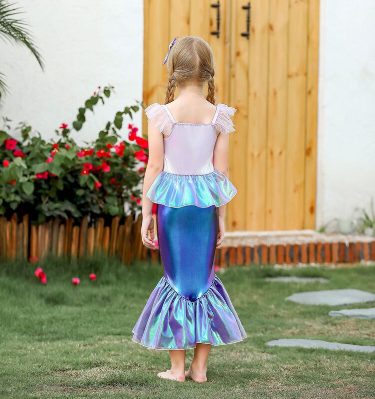 Gaun pesta anak perempuan, kostum pesta Ariel putri duyung anak perempuan Natal kecil menyamar musim panas