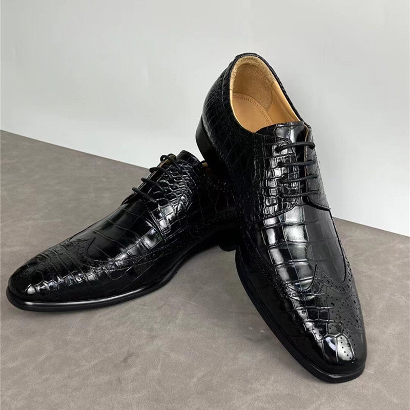 Autêntico exótico pele de crocodilo empresários brogue oxfords genuíno verdadeiro couro de jacaré masculino preto sapatos de vestido de renda