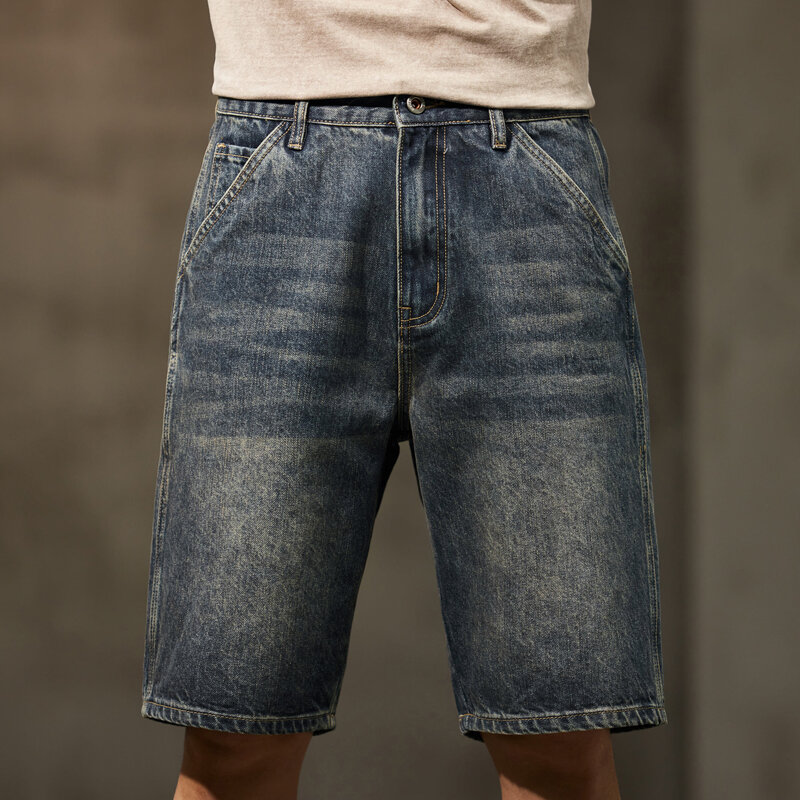 شورت جينز رجالي أزرق غامق ، جينز كبير الحجم ، قص مستقيم ، فضفاض ، أزياء جيوب ملابس الشارع ، 42 ، الصيف ،