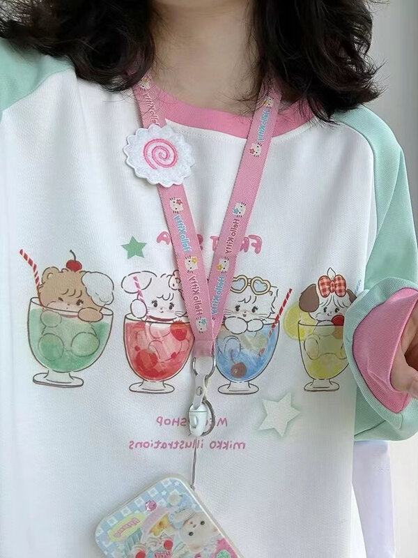 HOUZHOU Y2k Harajuku Kawaii śliczna bluza z kapturem damska japońska moda patchworkowa nadruk kreskówkowy bluza styl Preppy damska nowa