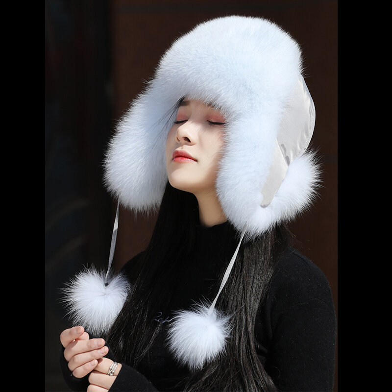 Cáo Lông Lôi Phong Mũ Dành Cho Người Phụ Nữ Ấm Áp Bảo Vệ Tai Thật 100% Cáo Lông Nón Bán Nga Geunine Fox vải Lông
