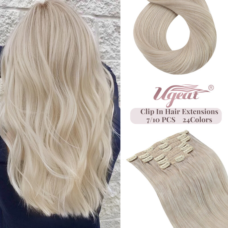 Ugeat-clip em extensões de cabelo para mulheres, trama dupla, cabelo remy, 14-22 em, 16 cores, cabeça cheia, cabelo humano, 7pcs