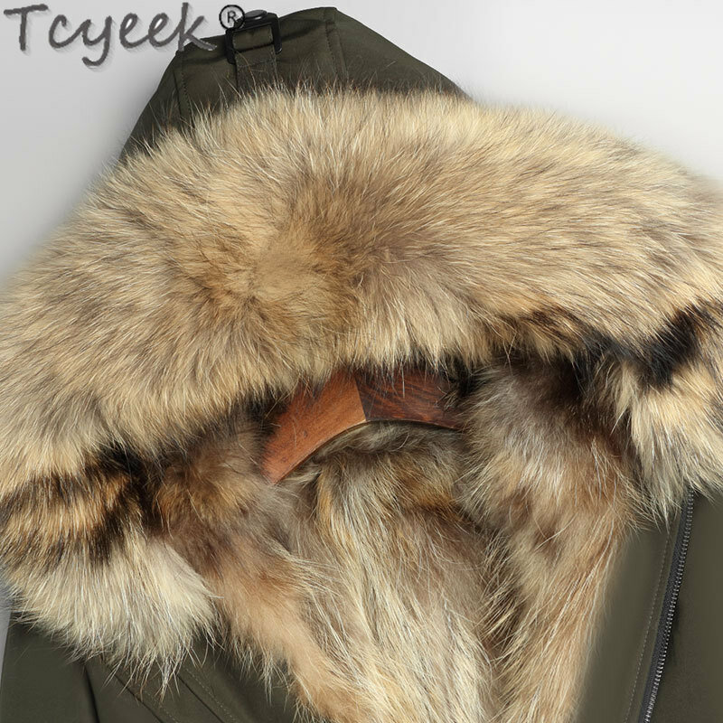 Tcyeek-Chaqueta de piel auténtica para hombre, abrigo cálido con cuello de piel de mapache, Parka delgada, forro de piel de mapache, ropa de invierno