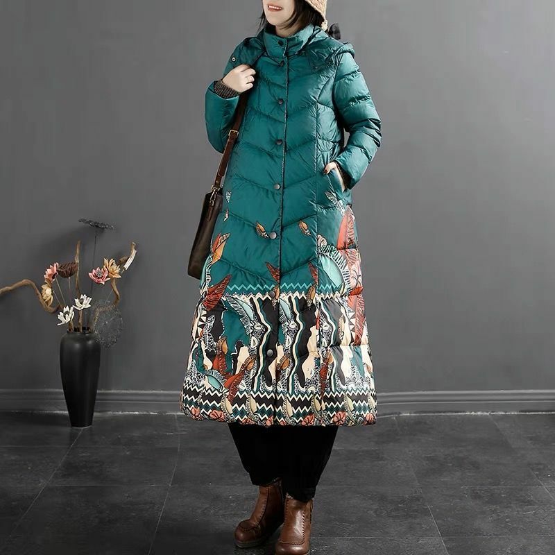 Jaket Down wanita gaya nasional musim gugur, jaket panjang tebal longgar bercetak modis Hoodie dapat dilepas musim gugur 2023