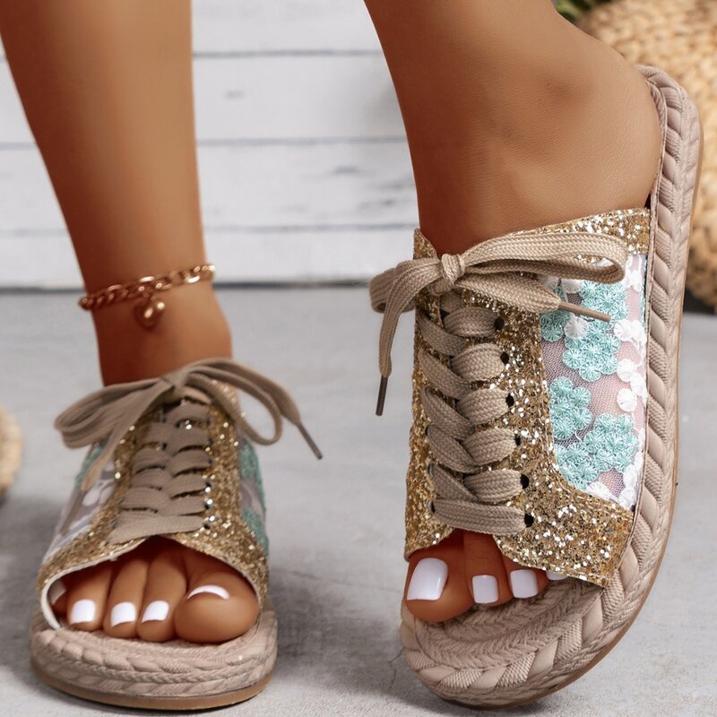 2024 New Fashion Slippers Large Size Sequin Mesh Embroidered Casual Tie Up Open Toe Flat Bottom Slippers Versatile