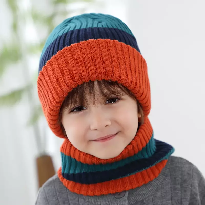 Children Winter Hat Scarf Set Cute Striped Beanies Hats for Girl Boy Solid Color Knit Thick Beanies Snood Set for Girl Kids 2-8Y