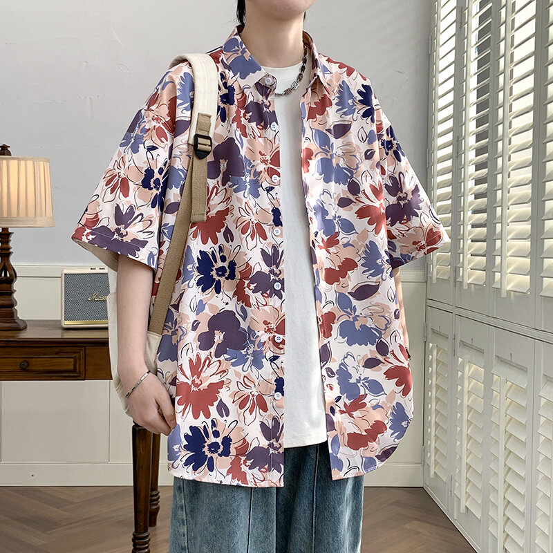 Рубашка мужская с коротким рукавом, модная Свободная Повседневная сорочка с лацканами, с индивидуальным принтом, контрастных цветов, лето