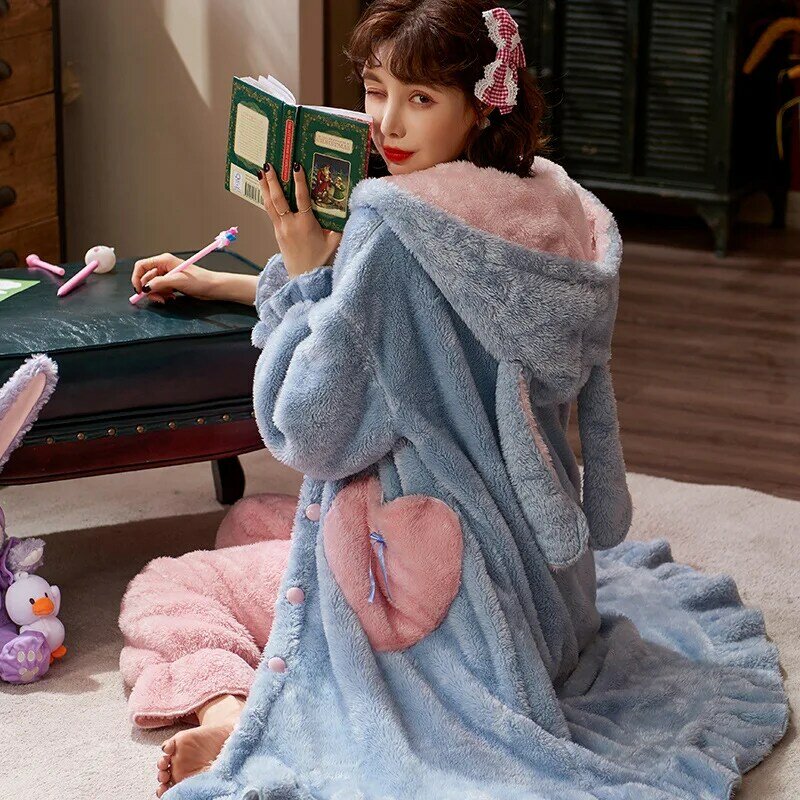 Lovely Winter Warm Flannel Women Pyjamas Sets Thick Coral Velvet Long Sleeve Cartoon Sleepwear Flannel Nightgown Pajamas Set