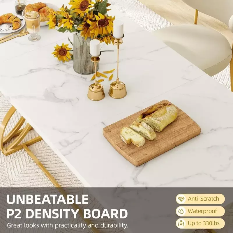 Grande mesa de jantar moderna para 6-8 pessoas, mesa de cozinha retangular, topo de mármore falso, pernas metálicas geométricas douradas, 70,3"