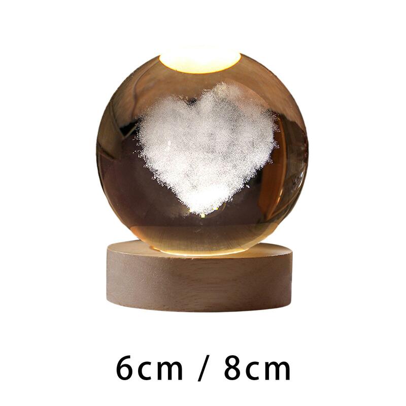 Bola de cristal 3D, luz nocturna, patrón de corazón, regalo con Base de madera LED para dormitorio