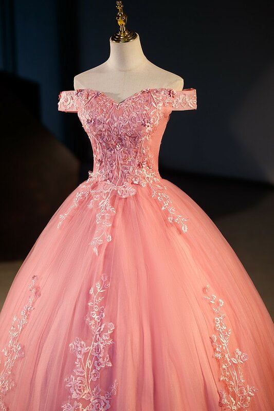 Elegante vestido de festa fora do ombro, vestido Quinceanera rosa, vestido de baile doce, vestido de baile clássico, Novo, Verão