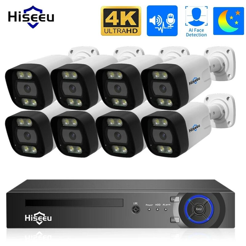 Hiseeu-4K POE Sistema De Câmera De Segurança, AI Face Detection, 8MP, 8CH, CCTV, NVR, H.265, P2P AI Video, Câmera IP ao ar livre, Conjunto De Vigilância