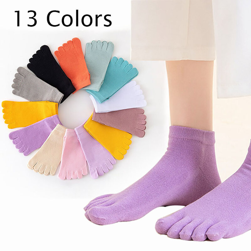 Meias curtas de cinco dedos para mulheres, meias doces cor tornozelo, algodão respirável, dedo do pé dividido, 5 pares, primavera e verão