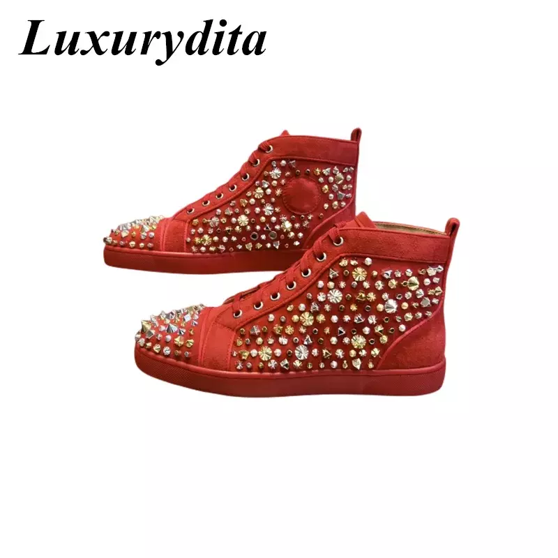 LUXURYDITA Designer Men Casual Sneakers Real Leather Rivet Luxury Womens Tennis Shoes 35-47 Fashion Unisex loafers HJ404